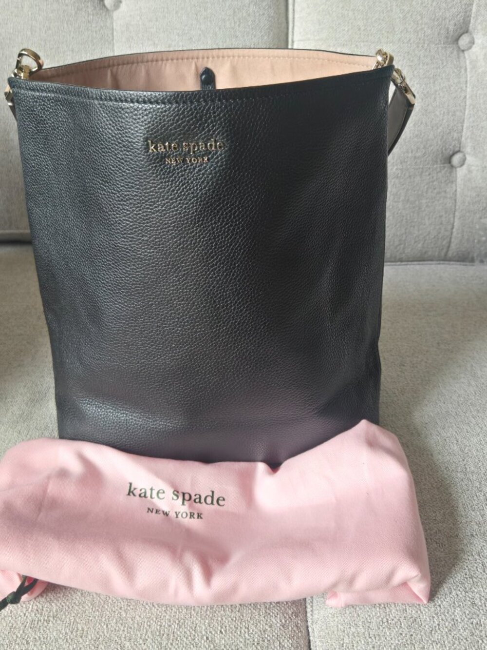Kate Spade Black Pebbled Leather Shoulder Bag Pink Interior + Dust Bag